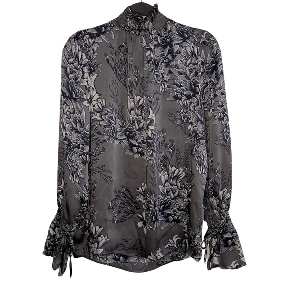 VINCE CAMUTO Mock Neck Grey Floral Print Long Sleeves Pullover Blouse Size M - Picture 4 of 15